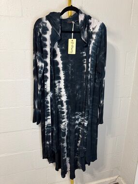 Tie-Dye Hooded Ribbed Cardigan - Navy & White